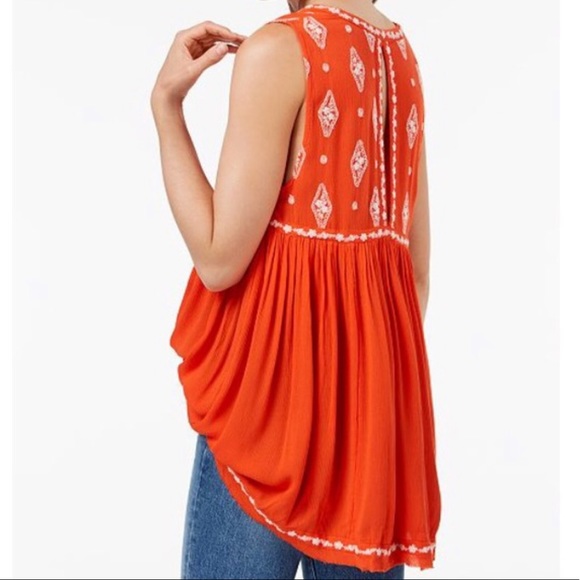 Free People Orange Boho Diamond Embroidered Sleeveless Tunic Top Size Small - Picture 3 of 7